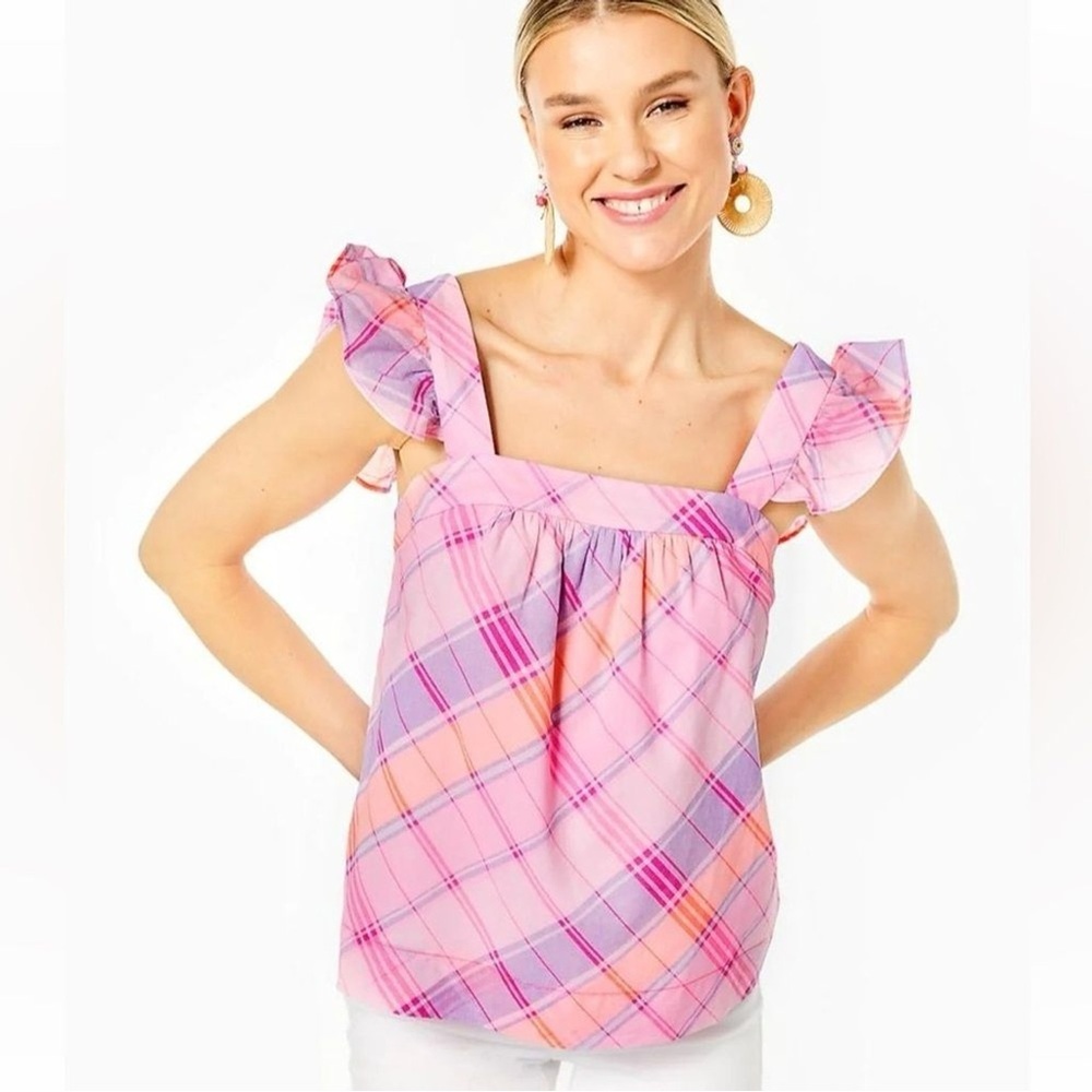 Lilly Pulitzer Reyna Ruffle Top Madras Plaid Pink